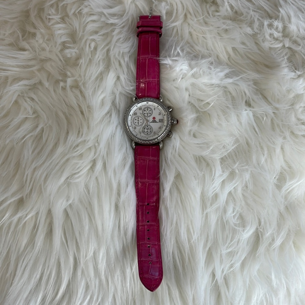 Diamond Michele Stainless Steel Watch with Pink Alligator Band